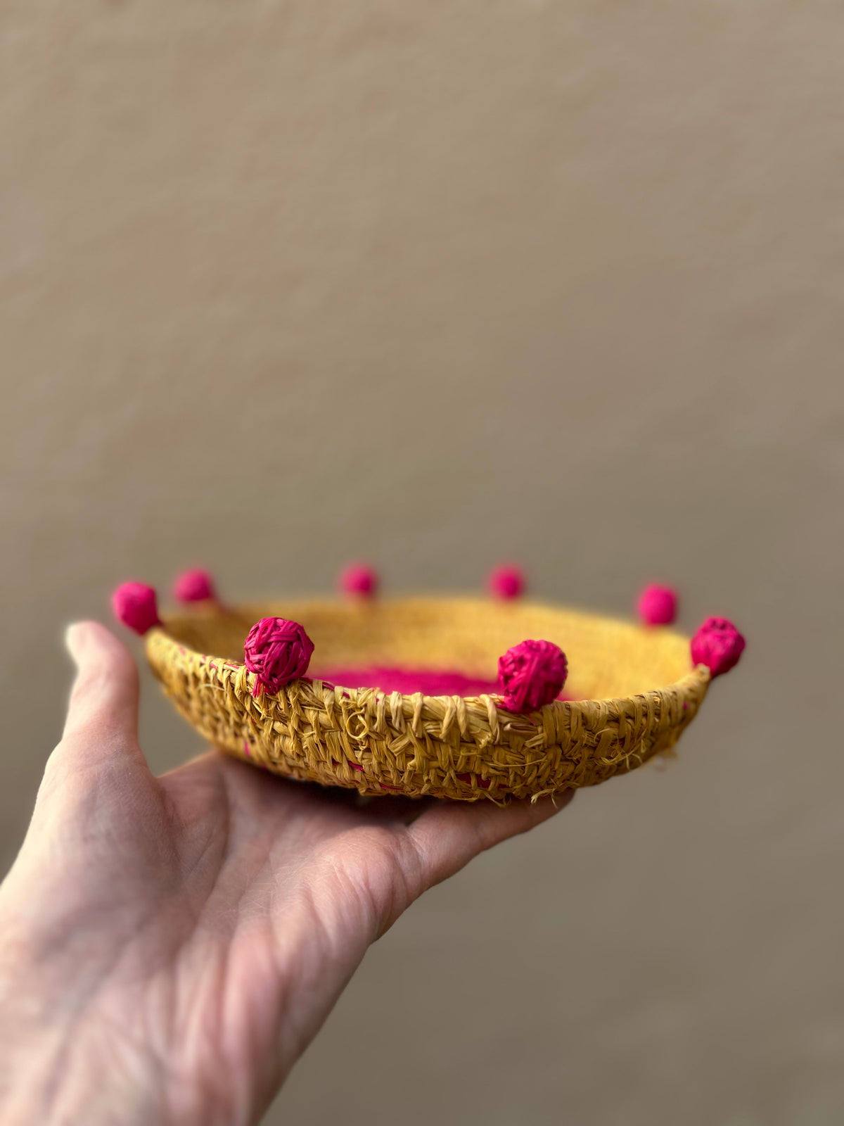 Hot Pink and Yellow Coiled Raffia Basket Wall Piece
