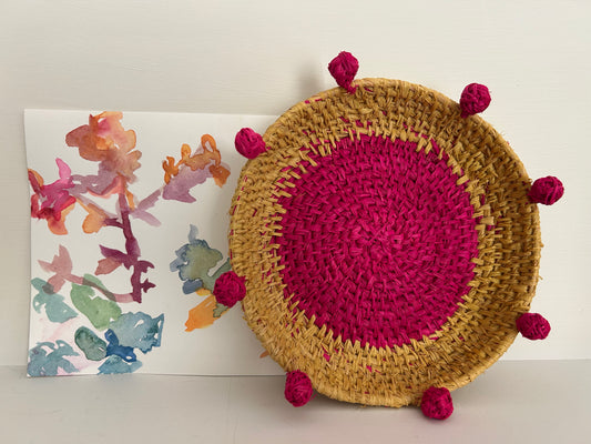 Hot Pink and Yellow Coiled Raffia Basket Wall Piece