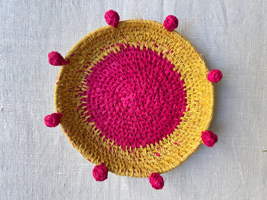 Hot Pink and Yellow Coiled Raffia Basket Wall Piece
